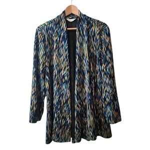 Susan Graver Open Cardigan Size 2XP Printed Novelty Liquid Knit Teal Multicolor